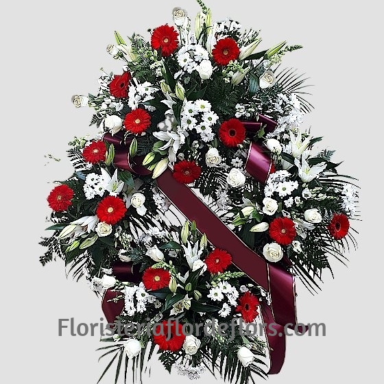 Corona de flores blanca y roja variada especial para tanatorio